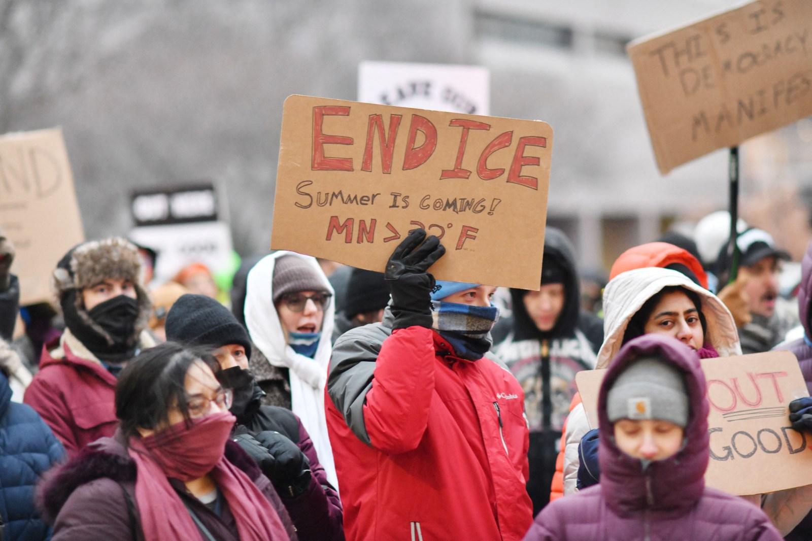Demonstrators against US Immigration and Customs Enforcement (ICE) protest in Minneapolis.
