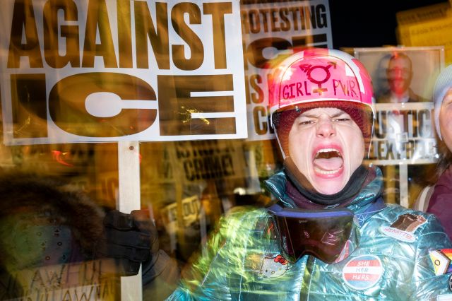 A group of anti-ICE protesters shout slogans in downtown Minneapolis, Minnesota, on January 27, 2026.
