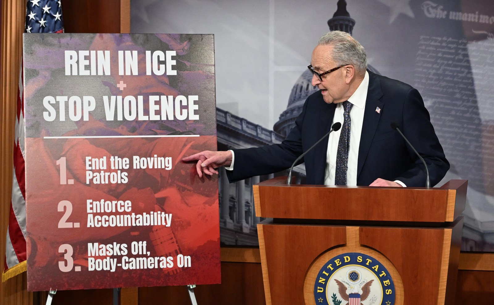 US Senate Minority Leader Chuck Schumer (D-NY) speaks during a press conference to stop ICE violence at the US Capitol in Washington, DC, on January 30, 2026, following the vote on a major government funding package. (Photo by Alex Wroblewski/AFP via Getty Images)
