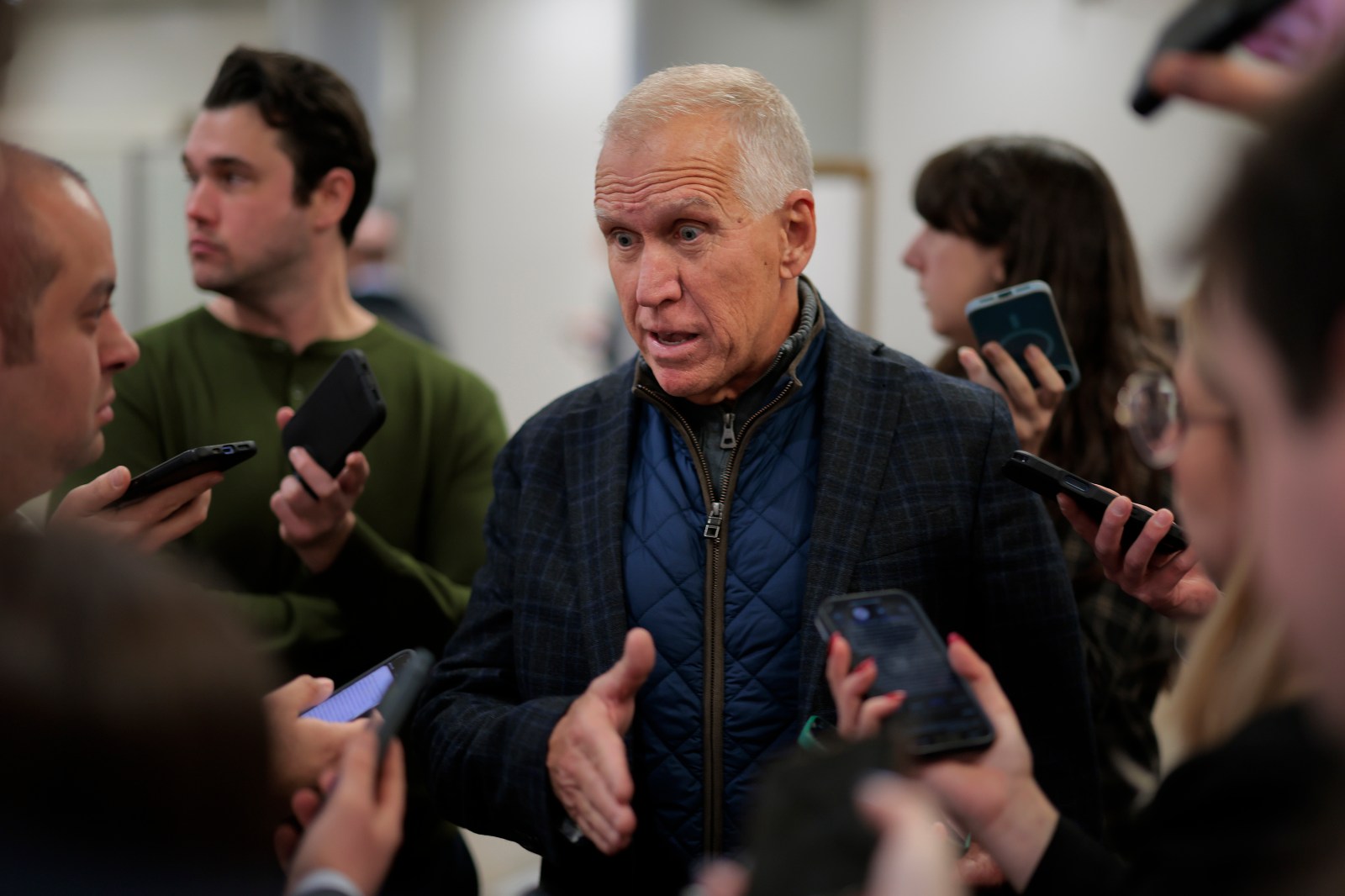 WASHINGTON, DC – JANUARY 27: U.S. Sen. Thom Tillis (R-NC) talks with reporters ahead of a vote in the U.S. Capitol on January 27, 2026 in Washington, DC. The Senate is discussing DHS funding as tensions remain high in Minneapolis after the shooting death of Alex Pretti by federal agents. (Photo by Heather Diehl/Getty Images)

