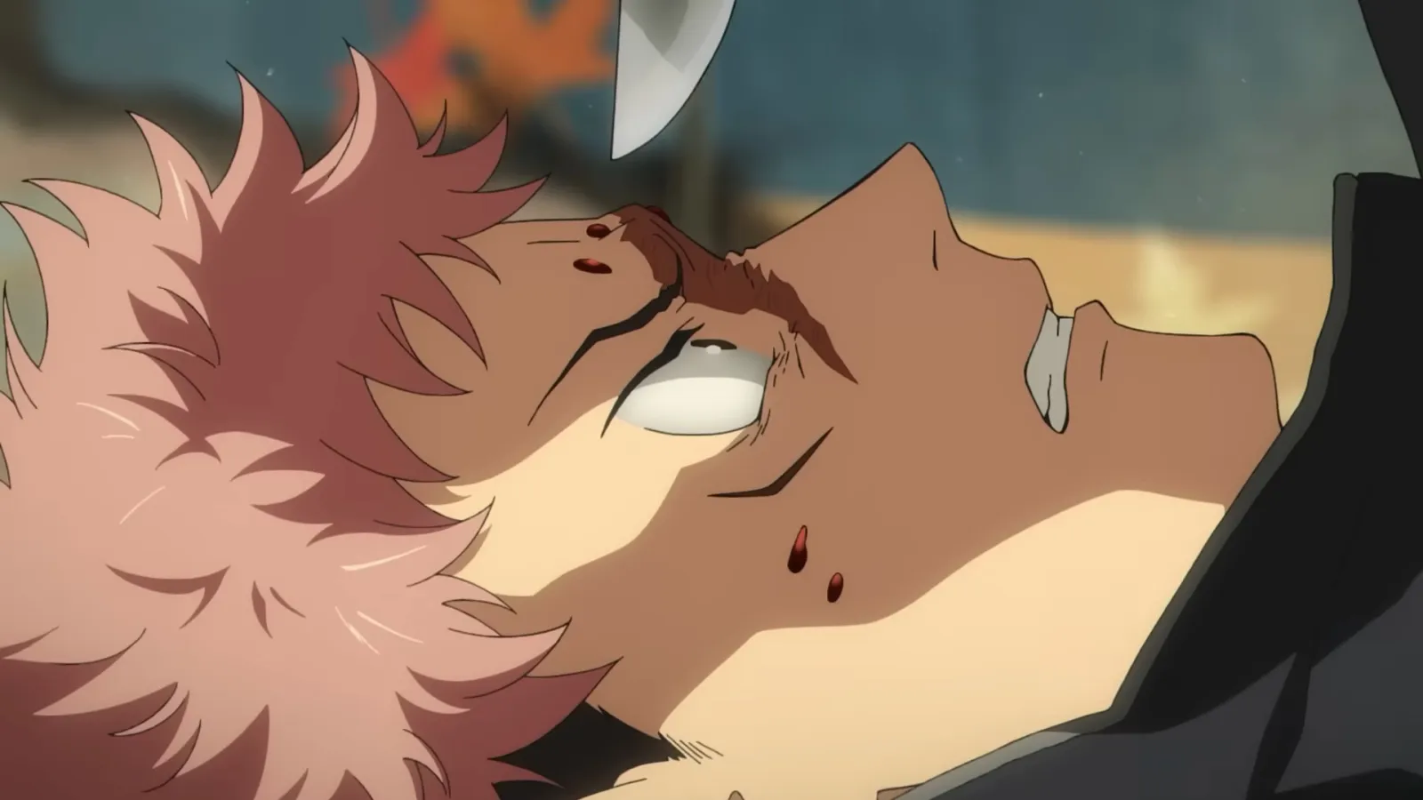 Protagonist Yuji Itadori stops a knife blade inches from his face in the JUJUTSU KAISEN Season 3 trailer.