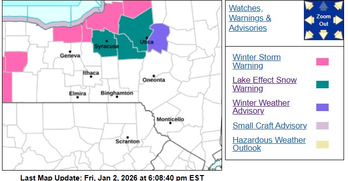 Lake-effect snow warning map