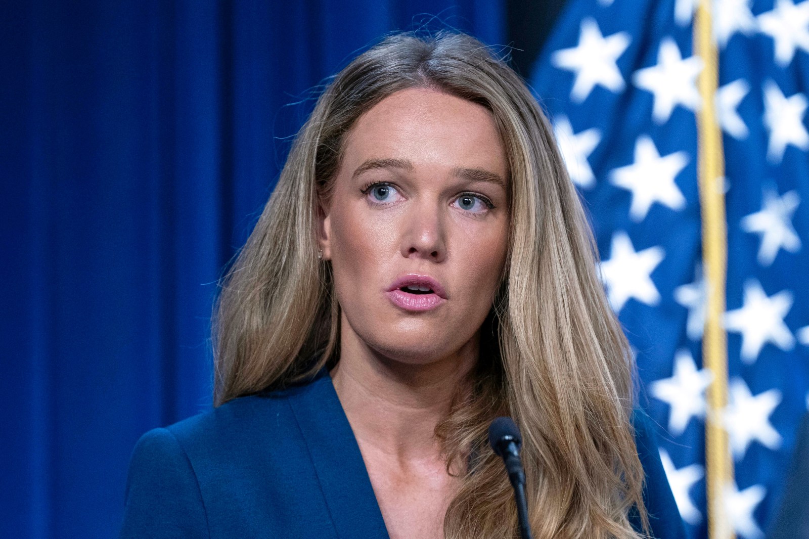 DHS Assistant Secretary for Public Affairs Tricia McLaughlin speaks during a news conference at ICE Headquarters, in Washington, Wednesday, May 21, 2025. (AP Photo/Jose Luis Magana)