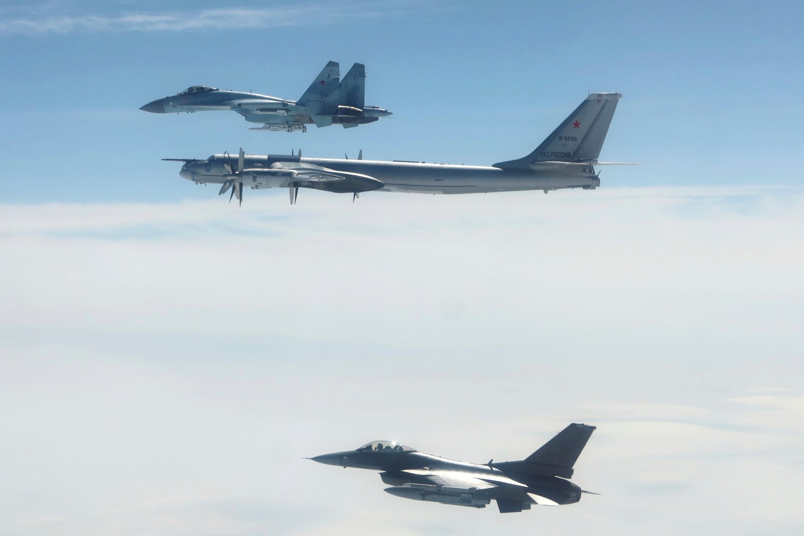 North American Aerospace Defense Command (NORAD) F-16 Fighting Falcon fighter aircraft positively identified and intercepted Russian Tu-95 and Su-35 military aircraft over the Bering Sea off Alaska’s western coast July 22, 2025.