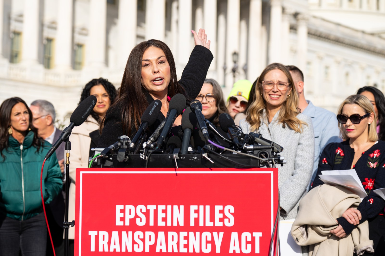 UNITED STATES – NOVEMBER 18: Haley Robson, who says she was assaulted by Jeffrey Epstein when she was 16, speaks during the news conference with survivors of convicted sex offender Jeffrey Epstein outside the U.S. Capitol on Tuesday, November 18, 2025. (Bill Clark/CQ Roll Call via AP Images)