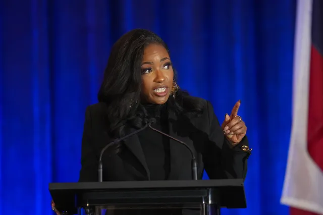 Primary candidate for U.S. Senate, Rep. Jasmine Crockett, D-Texas, participates in a debate with Texas state Rep. James Talarico, D-Austin, during the Texas AFL-CIO Committee on Political Education Convention, Saturday, Jan. 24, 2026, in Georgetown, Texas.
