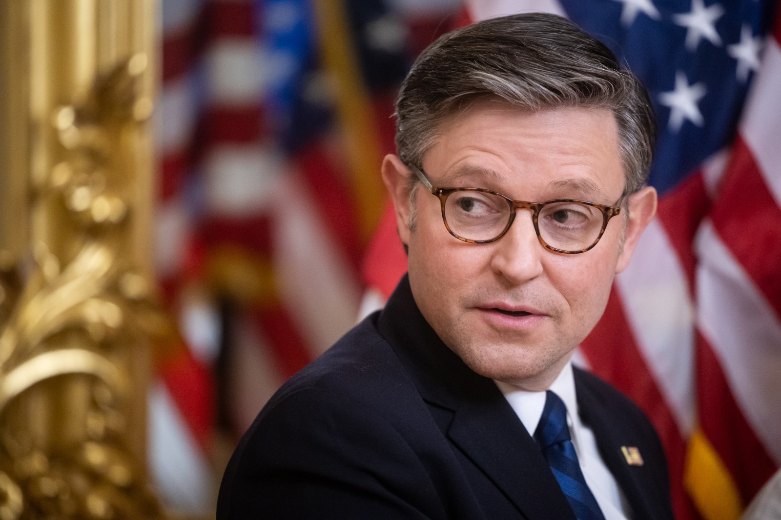 House Speaker Mike Johnson (R-La.) speaks during a ceremonial swearing-in for a new member at the U.S. Capitol Feb. 2, 2026. (Francis Chung/POLITICO via AP Images)
