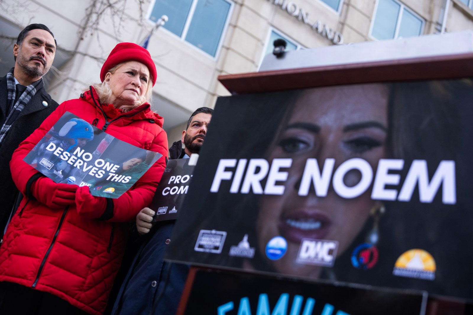UNITED STATES – FEBRUARY 3: Reps. Joaquin Castro, D-Texas, left, Sylvia Garcia, D-Texas, and Raul Ruiz, D-Calif., attend a rally with members of the Congressional Hispanic Caucus, Congressional Black Caucus, Congressional Asian Pacific American Caucus, and other caucuses, to call for the firing of DHS Secretary Kristi Noem, outside Immigration and Customs Enforcement headquarters, on Tuesday, February 3, 2026. (Tom Williams/CQ Roll Call via AP Images)
