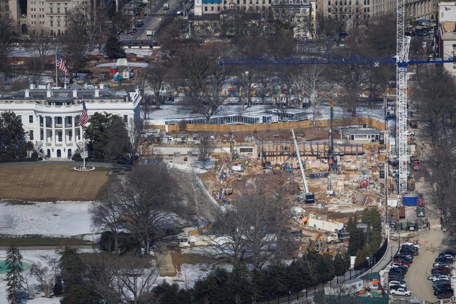 Construction continues on the ballroom where the East Wing used to stand at the White House, Friday, Feb. 13, 2026, in Washington. (AP Photo/Tom Brenner)