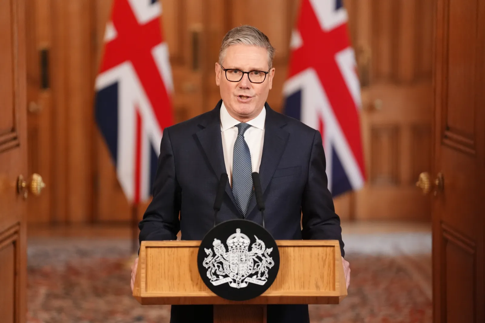 Britain's Prime Minister Keir Starmer issues a statement at 10 Downing Street, London, on the latest developments in the Middle East, Saturday Feb. 28, 2026. (Jonathan Brady/Pool via AP)