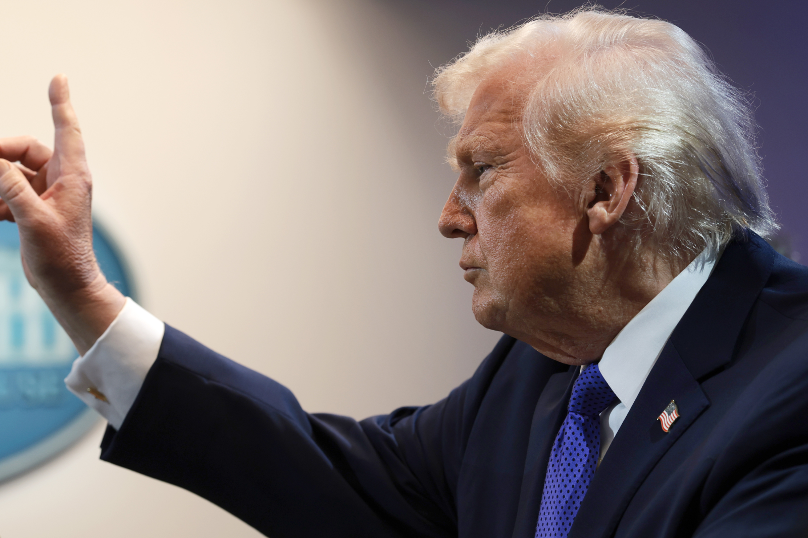Donald Trump speaks during a press briefing held at the White House on February 20, 2026 in Washington, DC.