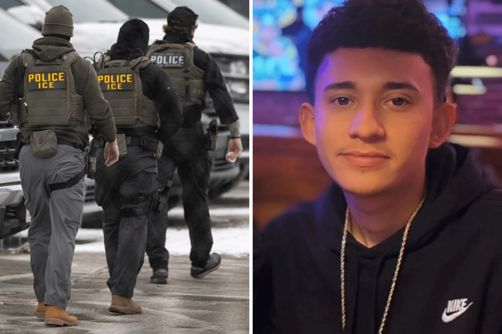 File image shows ICE agents on February 4, 2026 in Minneapolis, Minnesota and a family handout image shows Ruben Ray Martinez, who was shot by federal agents in South Padre Island, Texas, on March 15, 2025.