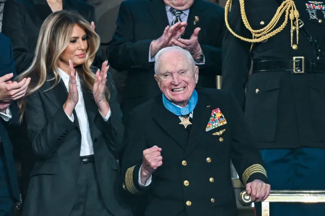 Royce Williams receives the Congressional Medal of Honor as U.S. President Donald Trump delivers the State of the Union address during a joint session of Congress in the House Chamber at the Capitol on February 24, 2026 in Washington, DC.
