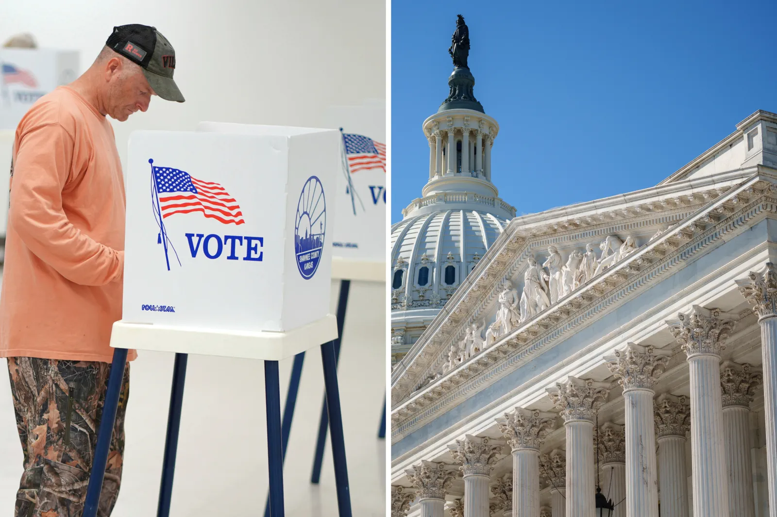 File image: Voter at the Citizen Potawatomi Nation building Tuesday, Nov. 5, 2024, in Rossville, Kansas and U.S. Capitol Dome is seen behind the top of the entrance to the senate side of the Capitol on March 18, 2025, in Washington, DC.