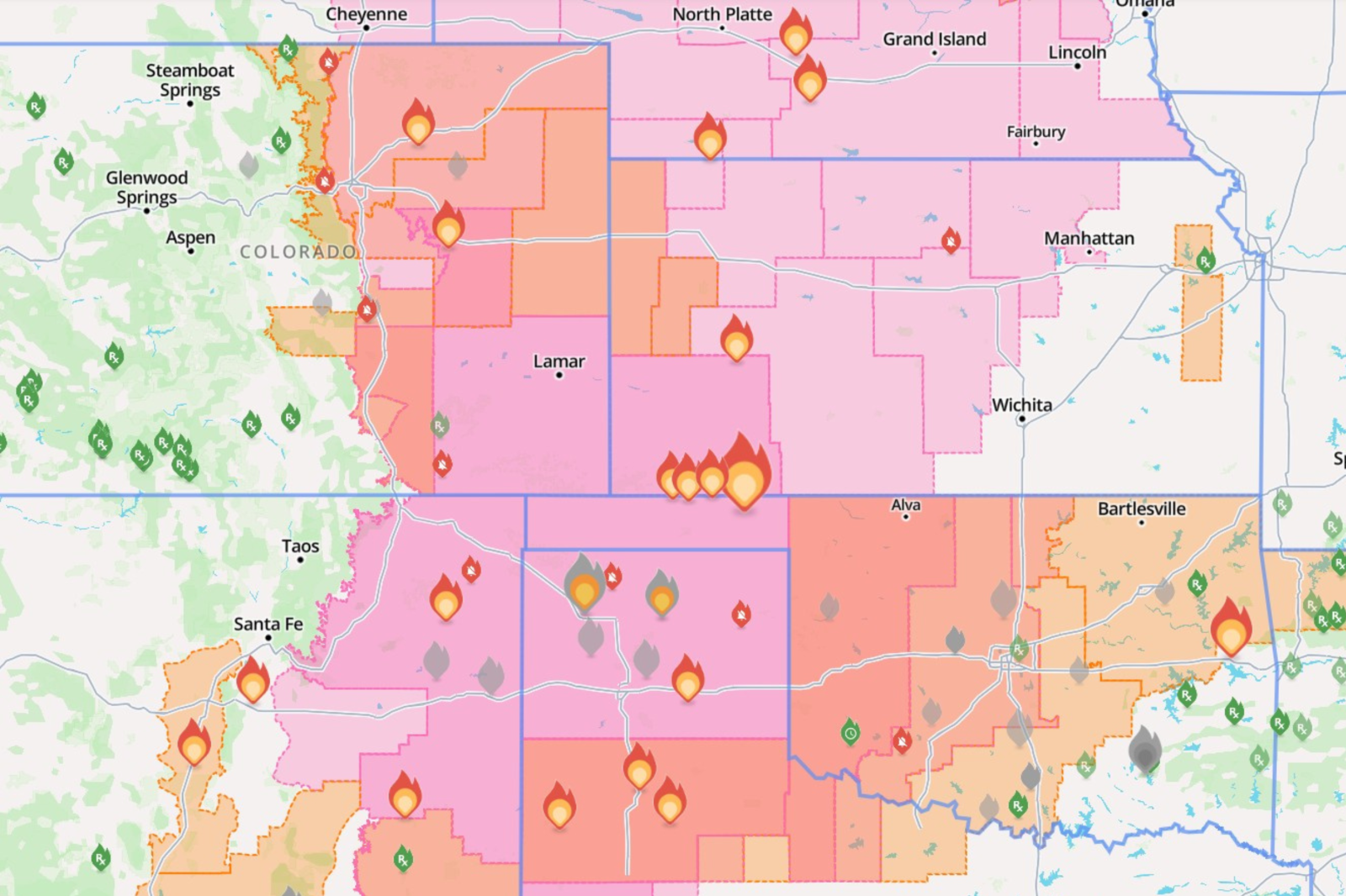 A map shows areas of Kansas where evacuations were ordered due to wildfires Tuesday. (Credit: WatchuDuty.org)