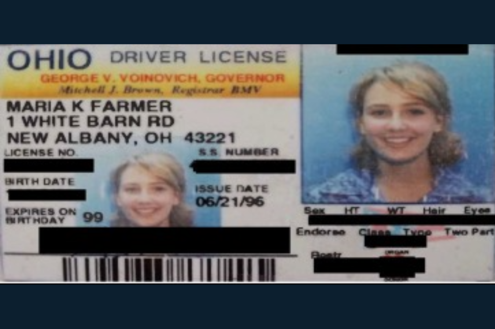 Maria Farmer provided a copy of her license with Wexner’s address in a statement. (Credit: Maria Farmer)
