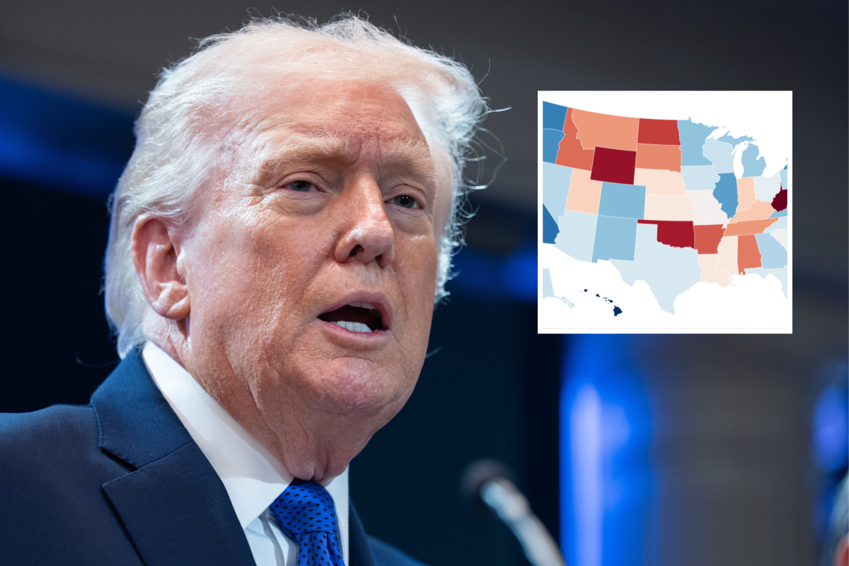 Mapa mostrando os índices de aprovação de Trump em todos os estados após 13 meses.