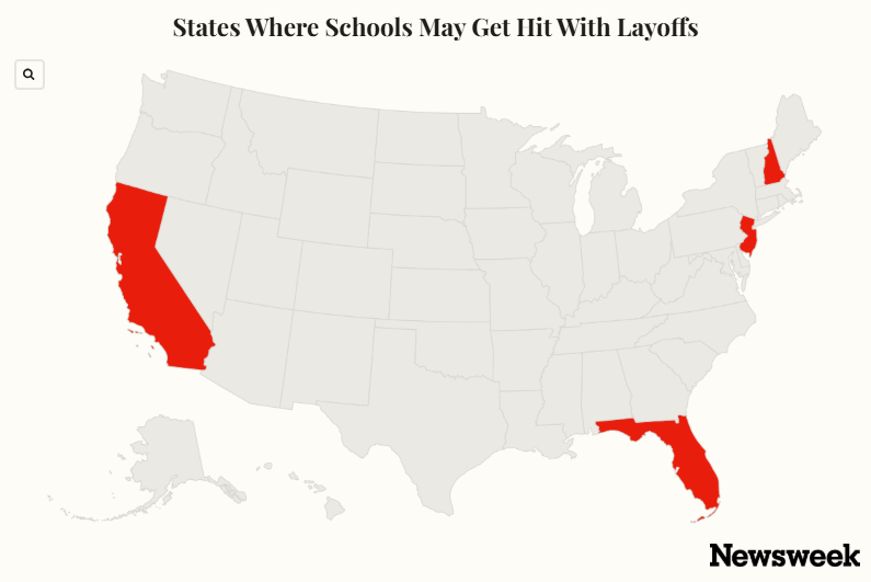 Mapa mostrando os estados onde as escolas podem ser afetadas por demissões.