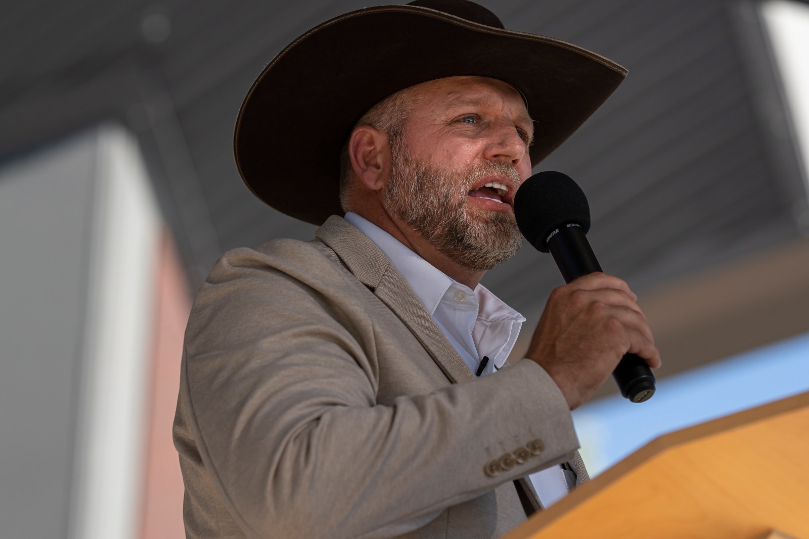 Ammon Bundy speaks at a campaign event in Boise, Idaho on June 19, 2021.
