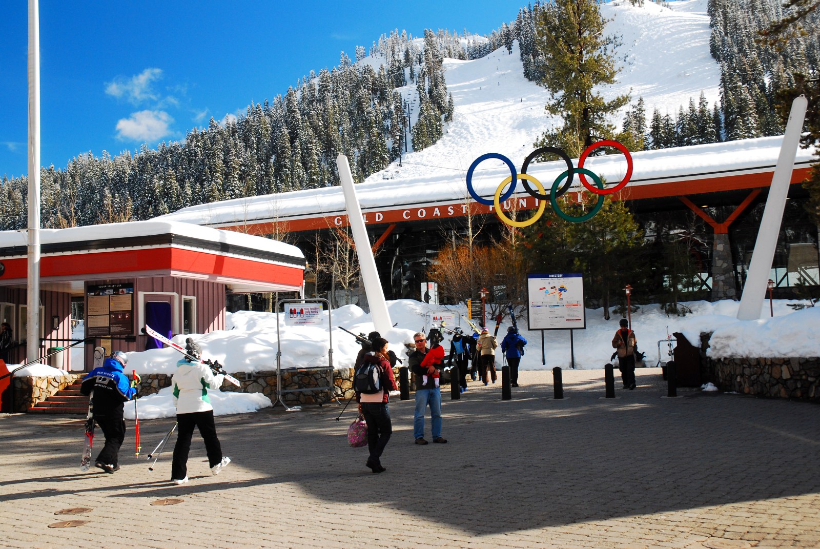 A stock image shows skiers at the winter mountain slopes in California.
