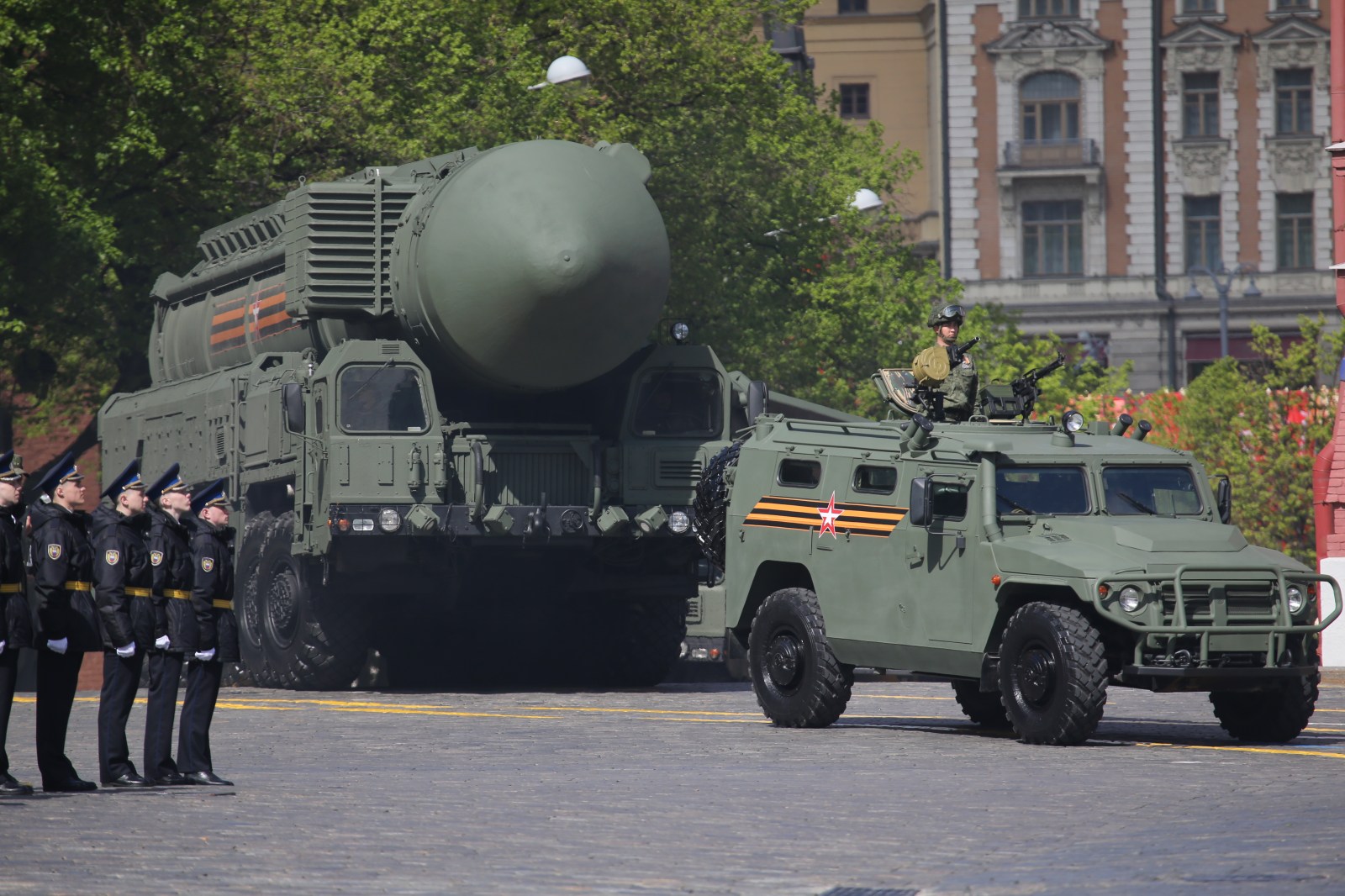 A Russian RS-24 Yars nuclear missile arrives during the main rehearsals of the military parade, in the Red Square on May 5, 2024.  
