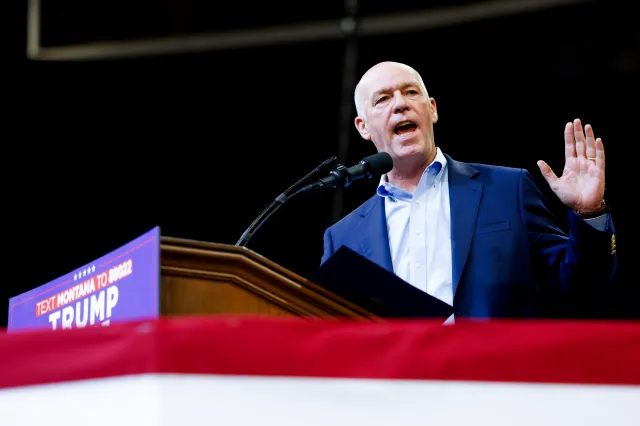 Montana Governor Greg Gianforte speaks during a Trump rally at Montana State University on August 9, 2024 in Bozeman, Montana.
