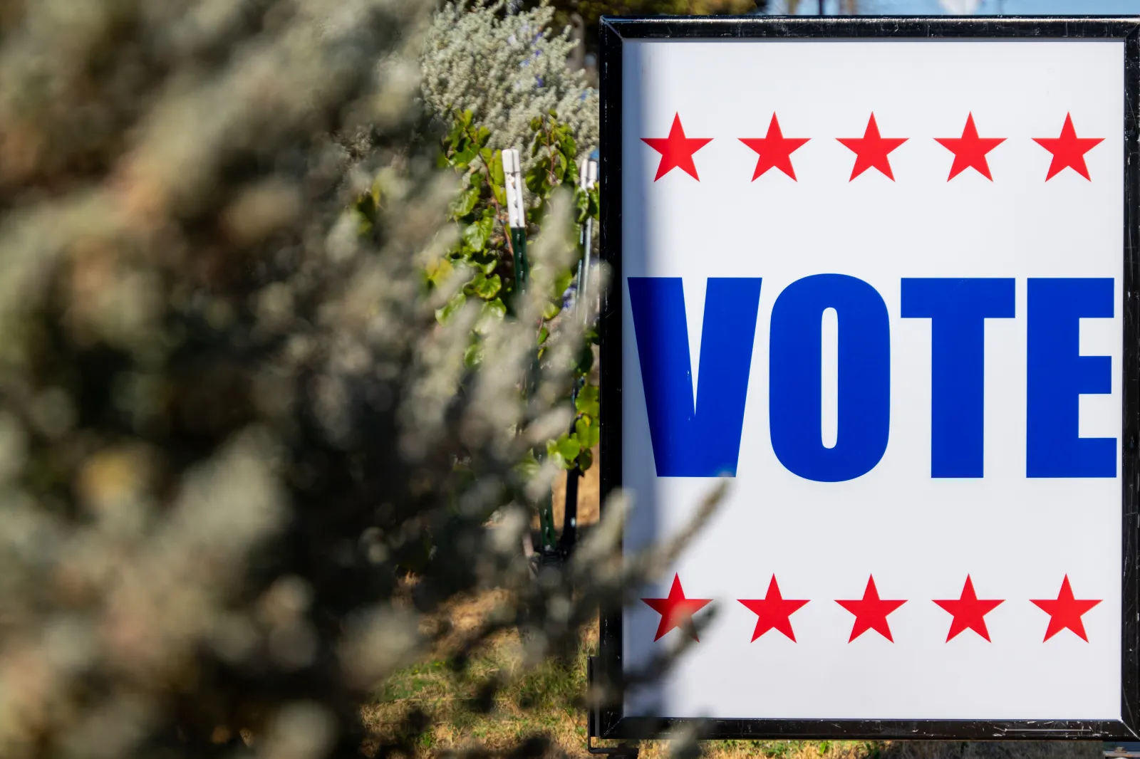 A voting sign is displayed near the entrance of the Millennium Youth Complex on October 21, 2024 in Austin, Texas.
