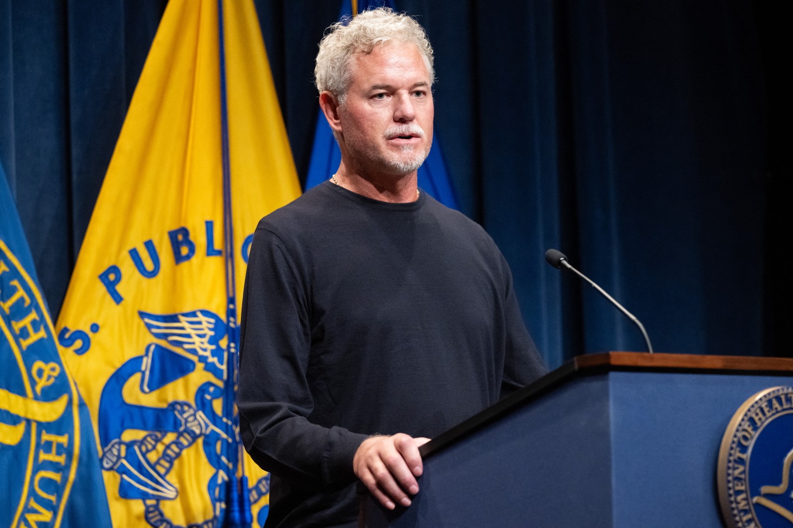 US actor Eric Dane speaks about his ALS diagnosis during a news conference to discuss health insurance at the Department of Health and Human Services Headquarters in Washington, DC, on June 23, 2025. During the press conference Kennedy and Oz announced a plan they hope will streamline pre-authorizations for health procedures by health insurance providers. (Photo by SAUL LOEB / AFP) (Photo by SAUL LOEB/AFP via Getty Images)