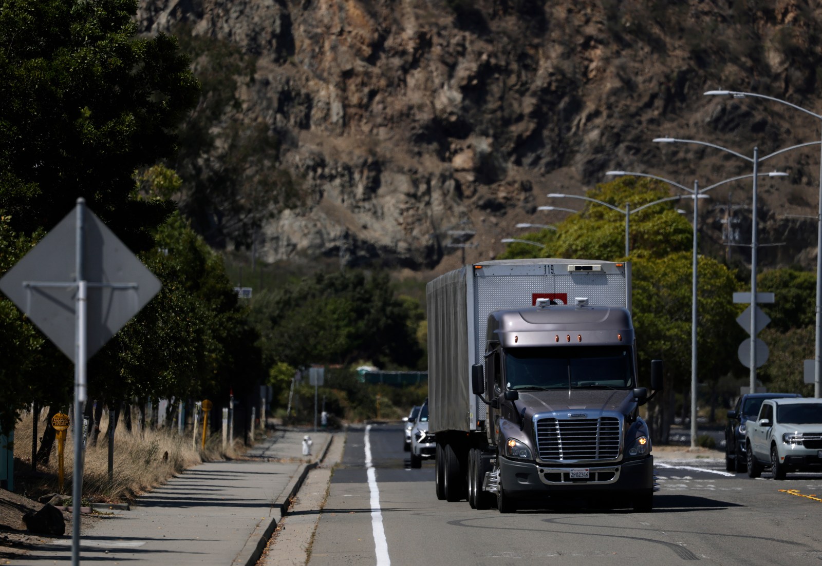 A truck drives along a road on August 26, 2025 in Richmond, California.