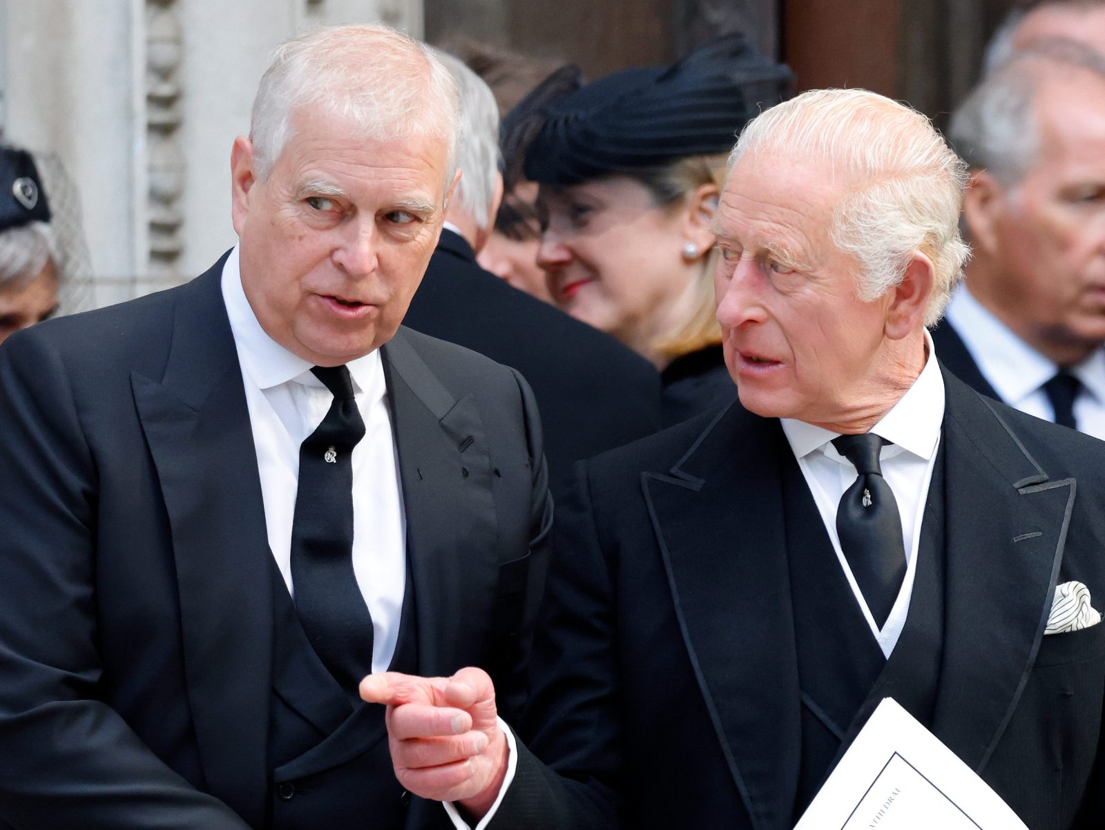 Then-Prince Andrew and King Charles III attend Katharine, Duchess of Kent’s funeral at London’s Westminster Cathedral on September 16, 2025.