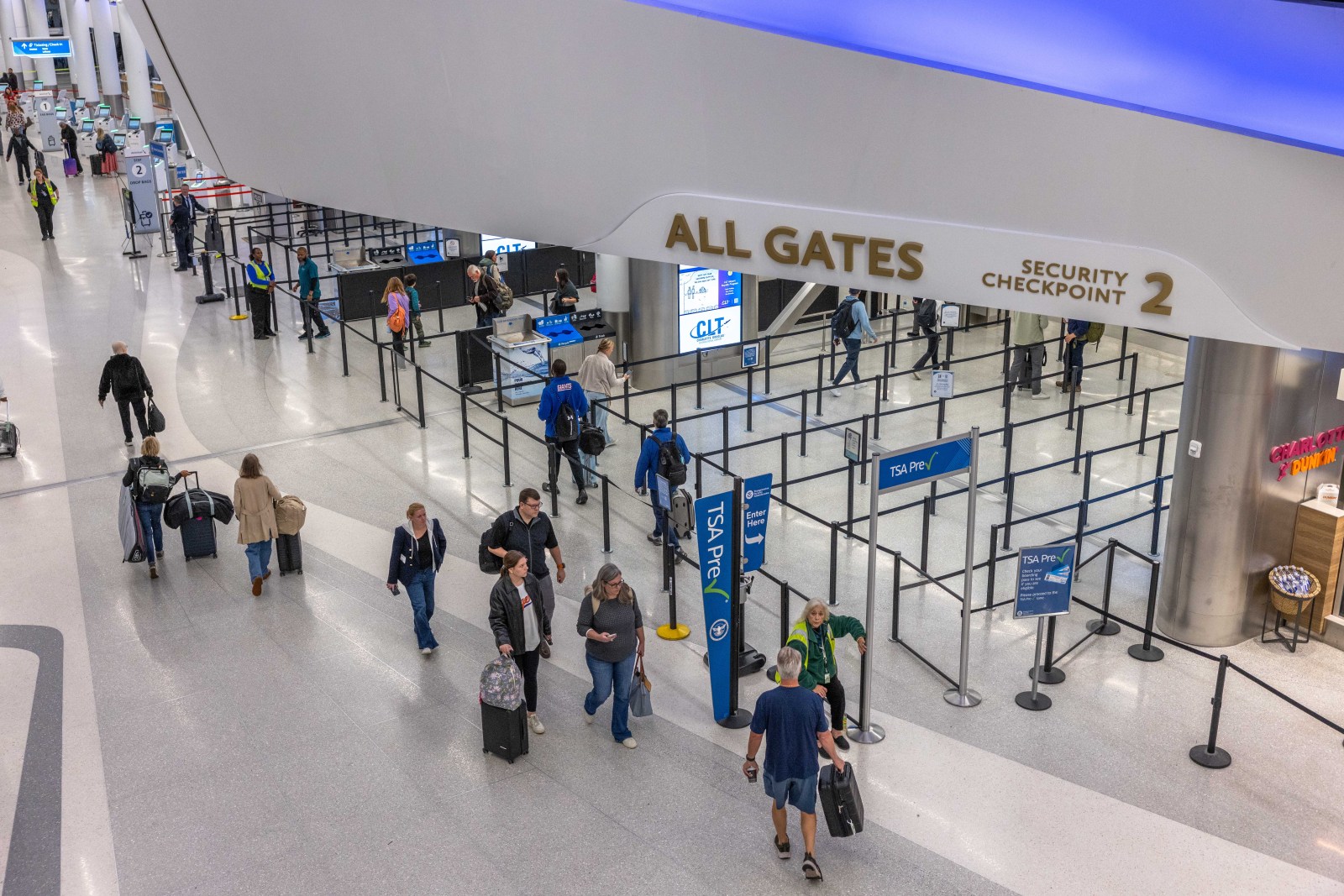 Security lines, including TSA PreCheck, at normal volume for the day and time at Charlotte-Douglas International Airport’s (CLT) departures level on the morning of November 9, 2025, in Charlotte, North Carolina.