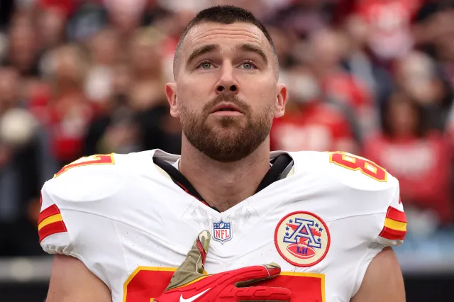 Travis Kelce #87 of the Kansas City Chiefs looks on prior to the game against the Las Vegas Raiders at Allegiant Stadium on January 04, 2026 in Las Vegas, Nevada.