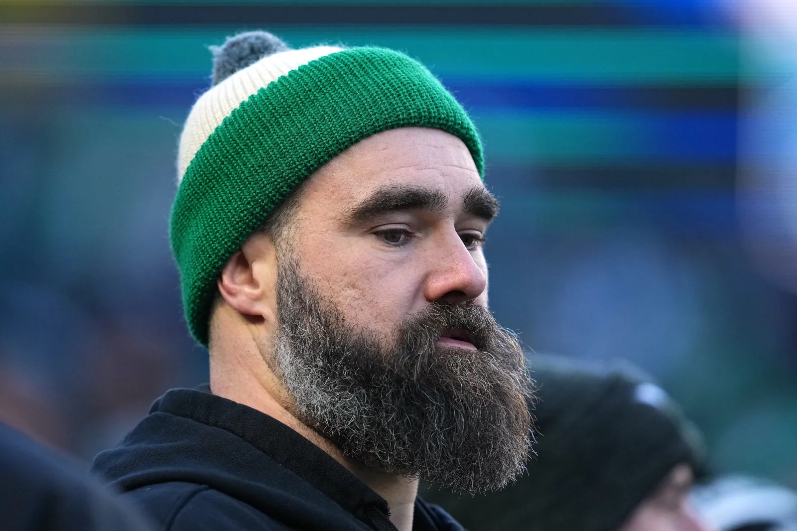PHILADELPHIA, PENNSYLVANIA - JANUARY 11: Former Philadelphia Eagles player Jason Kelce looks on before the NFC Wild Card Playoff game against the San Francisco 49ers at Lincoln Financial Field on January 11, 2026 in Philadelphia, Pennsylvania. (Photo by Mitchell Leff/Getty Images)