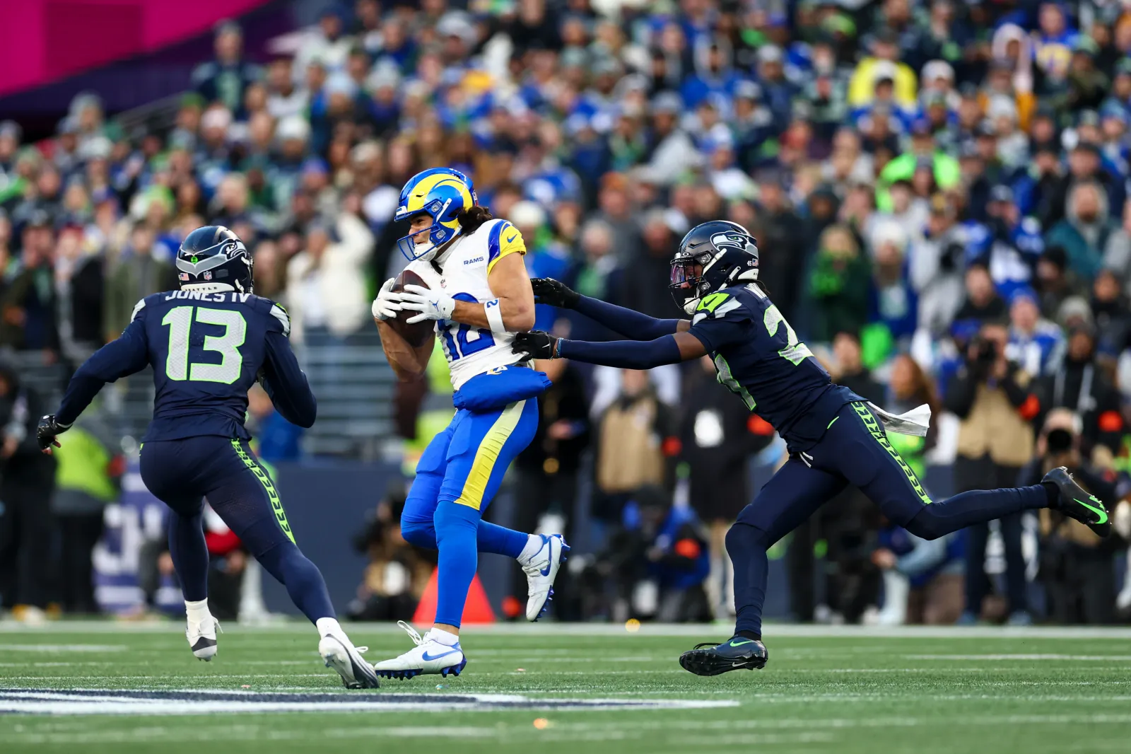 Seattle Seahawks defense against Los Angeles Rams' Puka Nacua