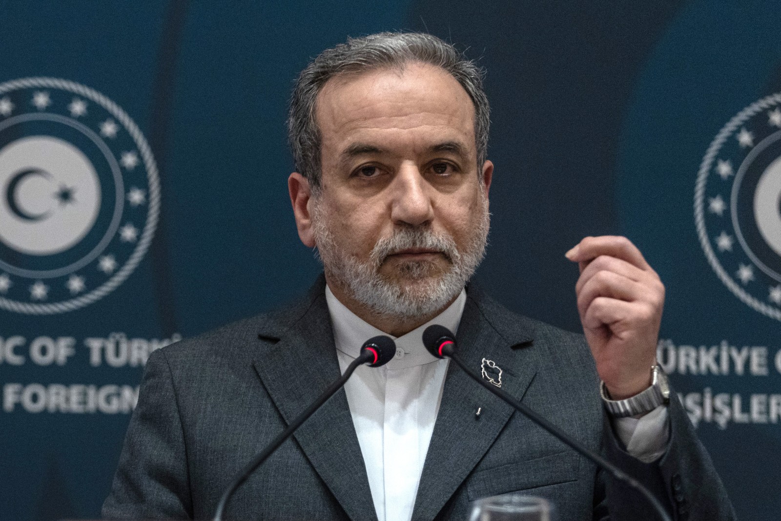 Iranian Foreign Minister Abbas Araghchi gives a statement at the Ritz Hotel as he meets Turkey’s Foreign Minister Hakan Fidan, on January 30, 2026 in Istanbul, Turkey.