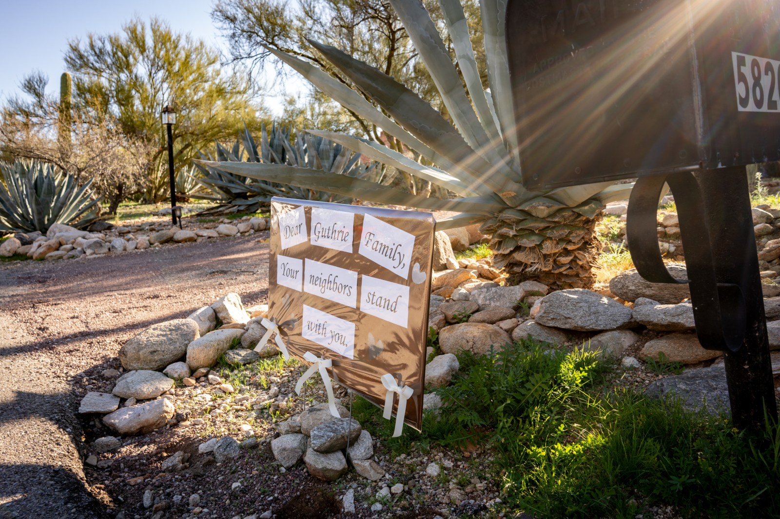 CATALINA, ARIZONA – FEBRUARY 3: A sign is posted at the house of Nancy Guthrie, NBC host Savannah Guthrie’s mother, on February 3, 2026 in Catalina, Arizona.The search continues in the Tucson area for Nancy Guthrie, after she was reported missing on February 1. (Photo by Jan Sonnenmair/Getty Images)
