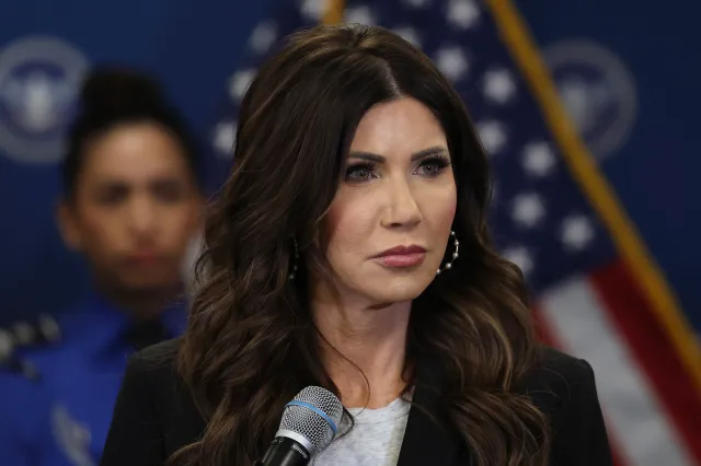 Kristi Noem attends a news conference at Miami International Airport on January 31, 2026 in Miami, Florida.