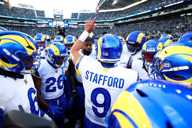 SEATTLE, WASHINGTON - JANUARY 25: Matthew Stafford #9 of the Los Angeles Rams gives a speech in the team huddle prior to the NFC Championship NFL football game against the Seattle Seahawks at Lumen Field on January 25, 2026 in Seattle, Washington. (Photo by Kevin Sabitus/Getty Images)