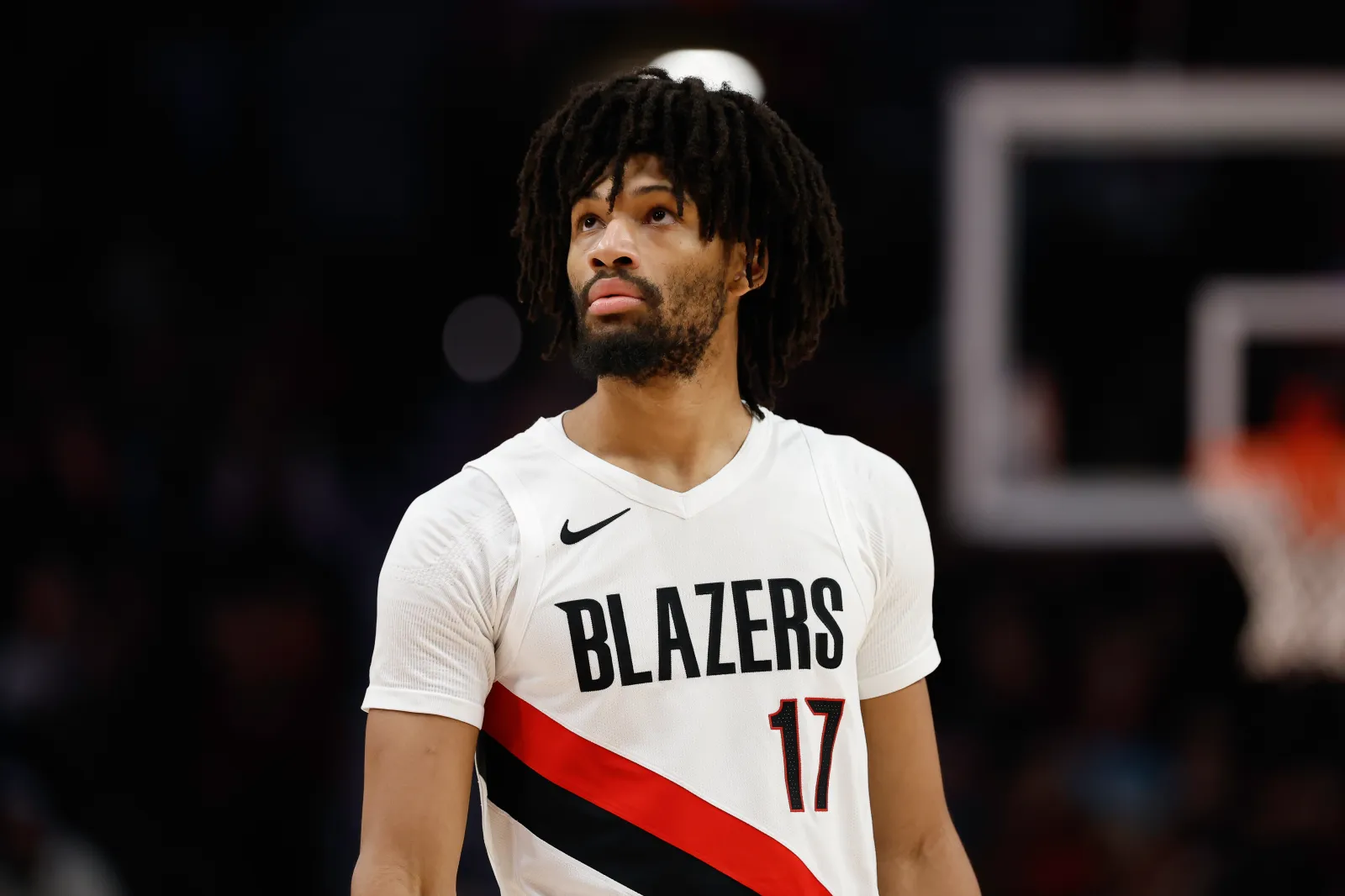 Shaedon Sharpe #17 of the Portland Trail Blazers looks on during the game against the Memphis Grizzlies at Moda Center on February 06, 2026 in Portland, Oregon. The Portland Trail Blazers won 135-115. (Photo by Alika Jenner/Getty Images)