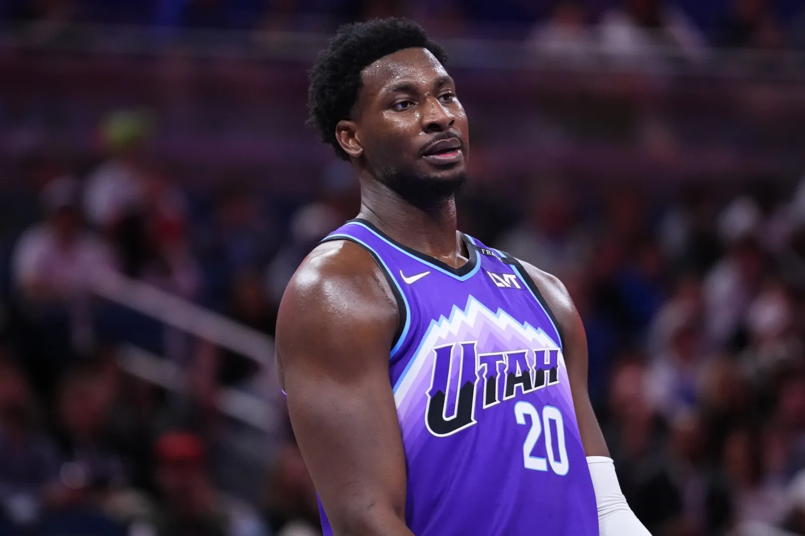 ORLANDO, FLORIDA - FEBRUARY 07: Jaren Jackson Jr. of the Utah Jazz looks on against the Orlando Magic during the second half at Kia Center on February 07, 2026 in Orlando, Florida. NOTE TO USER: User expressly acknowledges and agrees that, by downloading and or using this photograph, User is consenting to the terms and conditions of the Getty Images License Agreement. (Photo by Rich Storry/Getty Images)