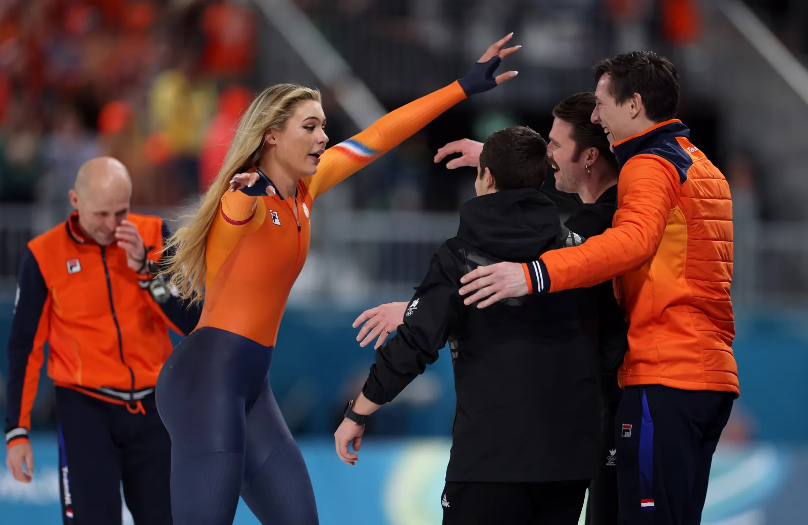 Jutta Leerdamn from Team Netherlands celebrates record performance at Winter Olympics