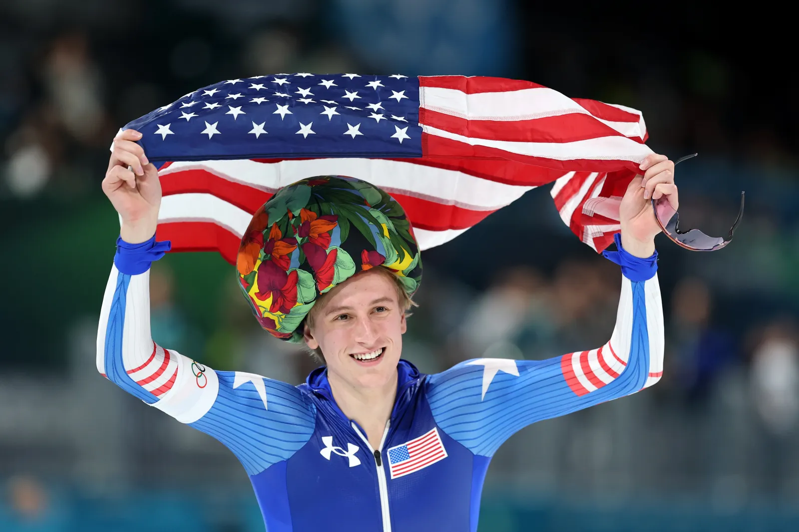 Gold medalist Jordan Stolz of Team United States celebrates after the Speed Skating Men's 1000m on day five of the Milano Cortina 2026 Winter Olympic games at Milano Speed Skating Stadium on February 11, 2026 in Milan, Italy.