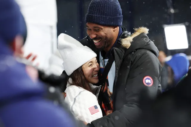 Olympic snowboarding medalist Chloe Kim hugs boyfriend Myles Garrett from the NFL's Cleveland Browns