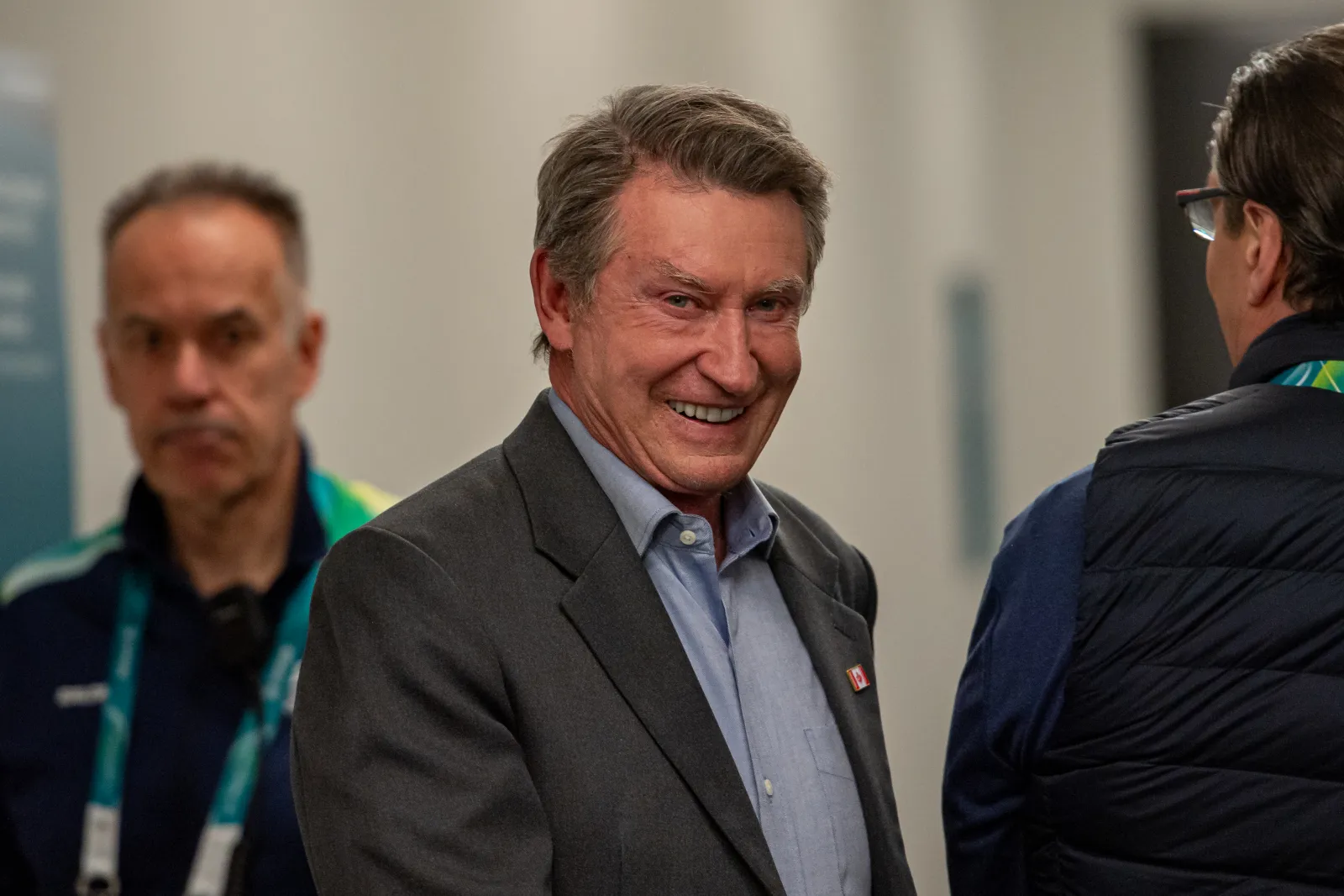 Wayne Gretzky, Canadian former ice hockey player greets fans after the Men's Semifinal match between Canada and Finland on day fourteen of the Milano Cortina 2026 Winter Olympic games at Milano Santagiulia Ice Hockey Arena on February 20, 2026 in Milan, Italy.