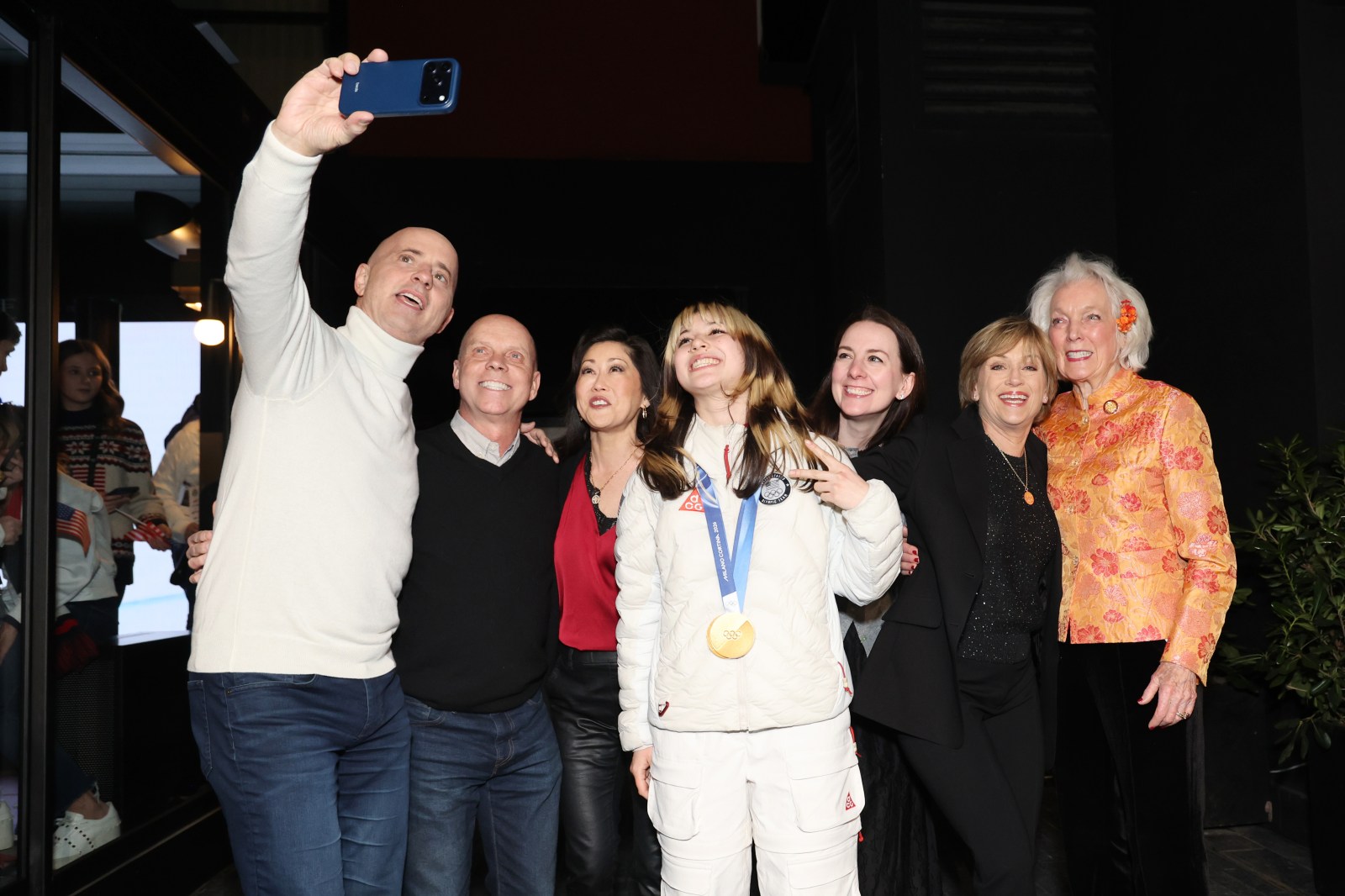 MILAN, ITALY – FEBRUARY 20: U.S. Olympians Brian Boitano, Scott Hamilton, Kristi Yamaguchi, Alysa Liu, Sarah Hughes, Dorothy Hamill and Tenley Albright attend the Winter House on February 20, 2026 in Milan, Italy.  (Photo by Joe Scarnici/Getty Images for Winter House)