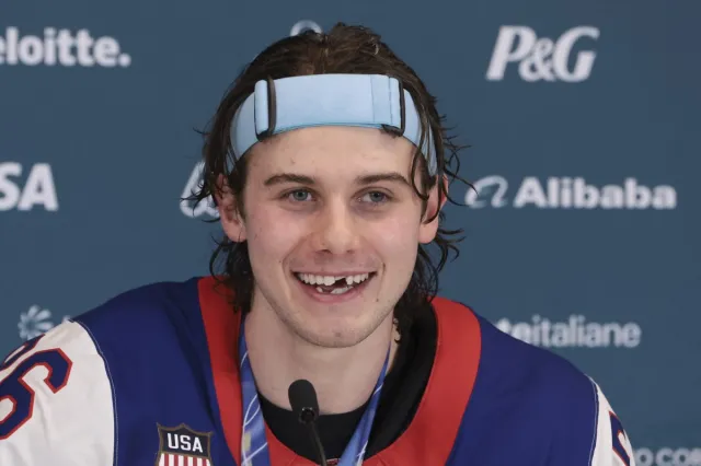 Jack Hughes appears at a press conference after Team USA men's hockey wins gold at Winter Olympics