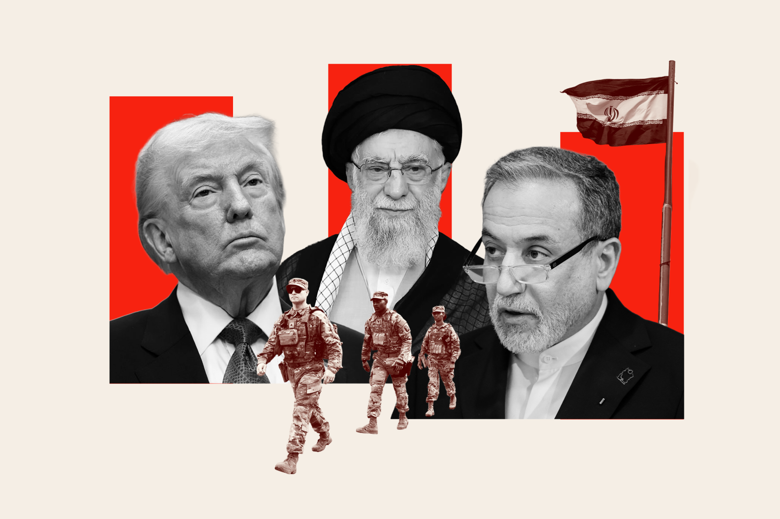 U.S. President Donald Trump, Iranian Supreme Leader Ayatollah Ali Khamenei and Iranian Foreign Minister Abbas Araghchi are depicted before U.S. troops in this Newsweek illustration.