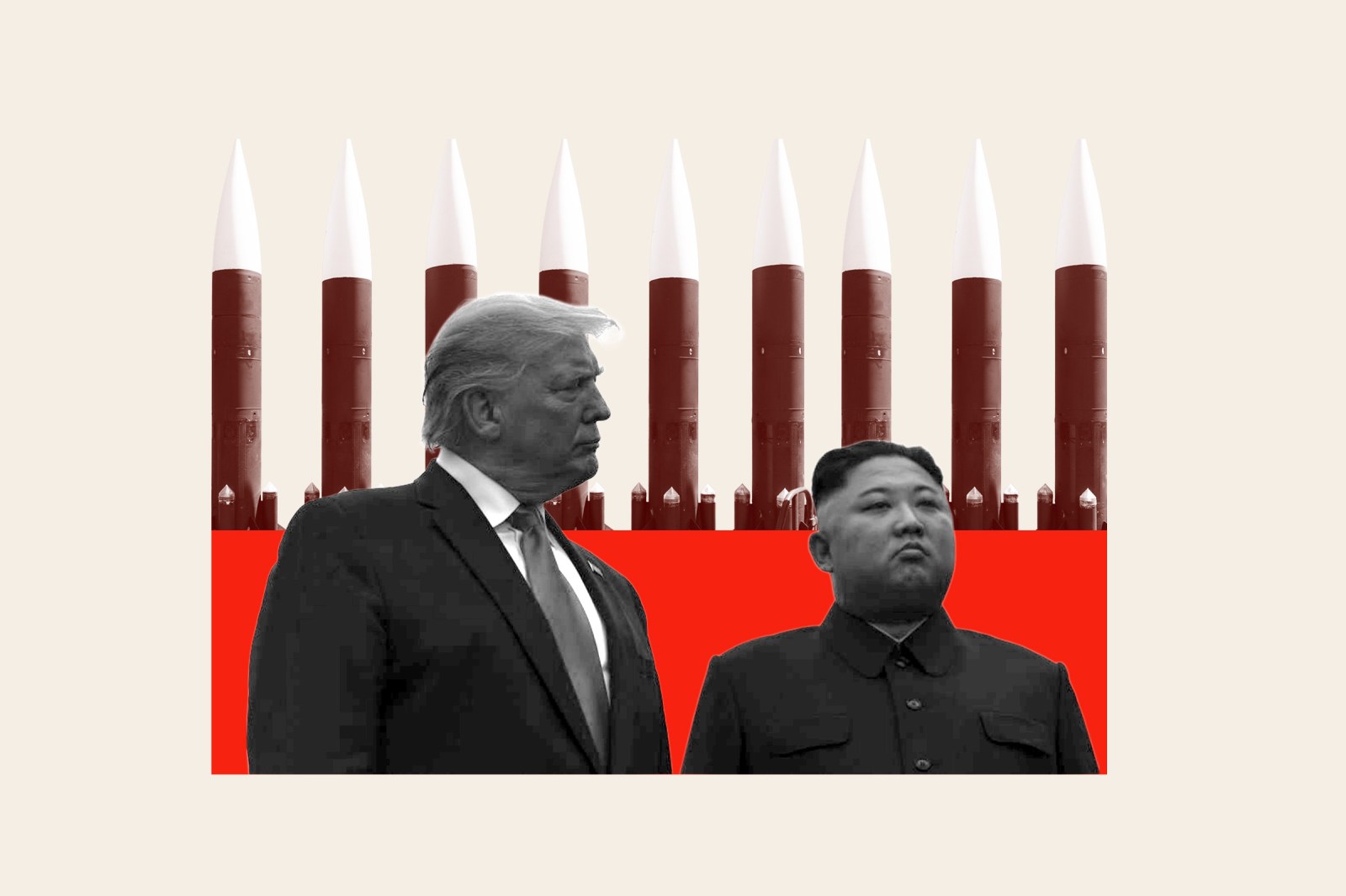 U.S. President Donald Trump and North Korean Supreme Leader Kim Jong Un are seen before missiles in this Newsweek illustration.