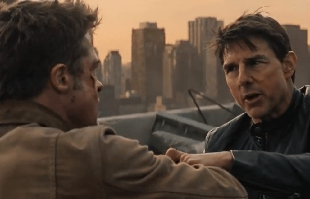 A screengrab from an AI-generated video of Brad Pitt and Tom Cruise fighting.