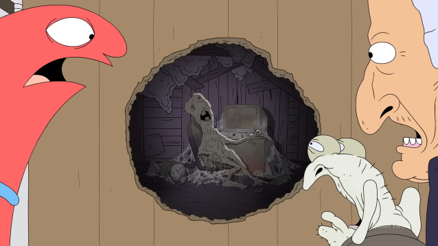 Alan and The Boss from Smiling Friends look through a hole in a wooden wall, revealing a decayed figure in a dark interior space.